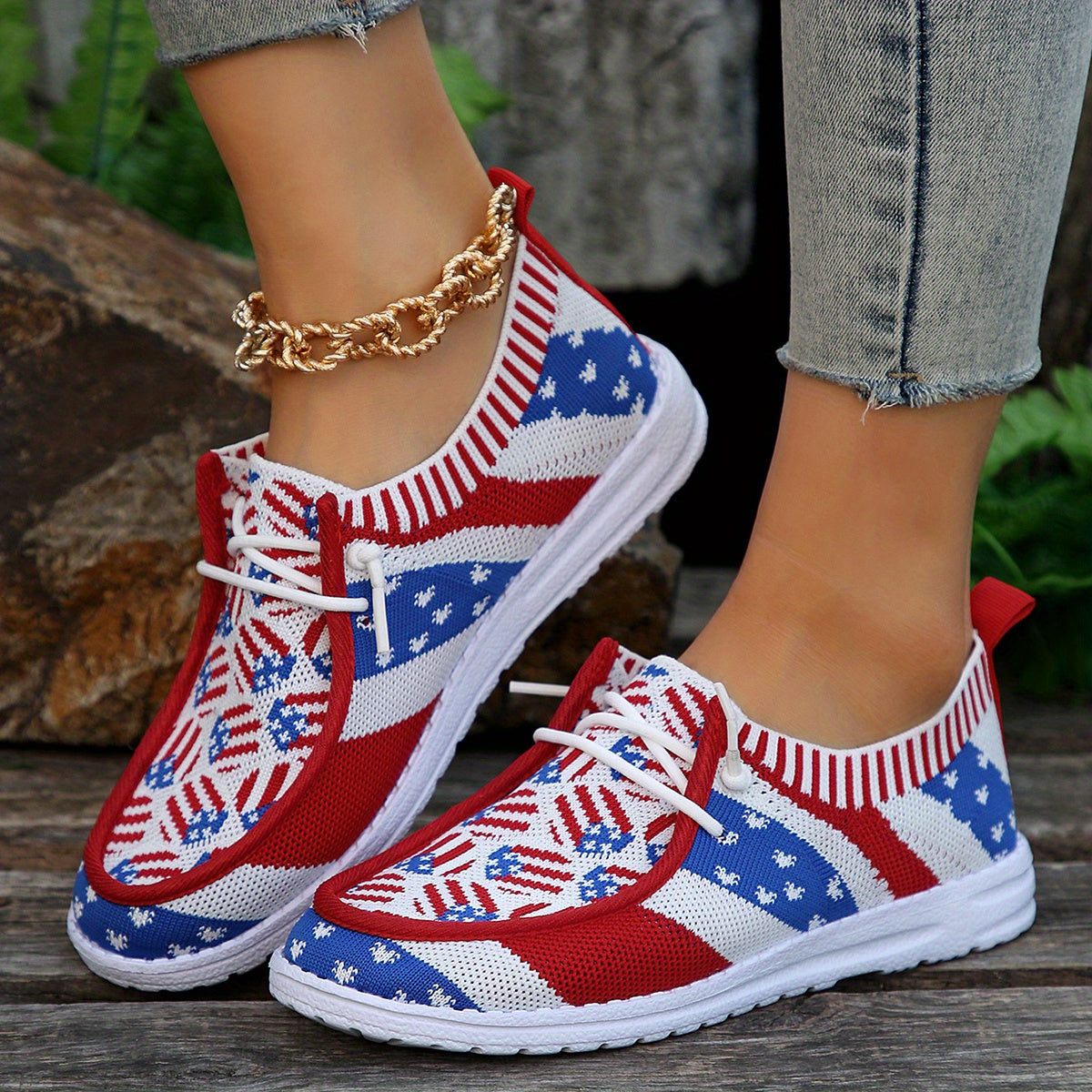 Women's Flag Pattern Boat Shoes Lace Up Non Slip Walking Shoes