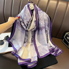 Purple Flower Print Satin Scarf Silk Shawl Large Sunscreen Head Wraps