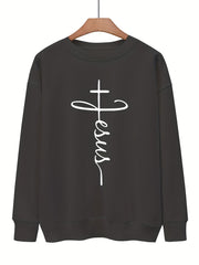 Letter & Cross Print Pullover Sweatshirt for Women