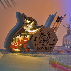 French Bulldog 3D Wooden Carving LED Night Light Pencil Holder