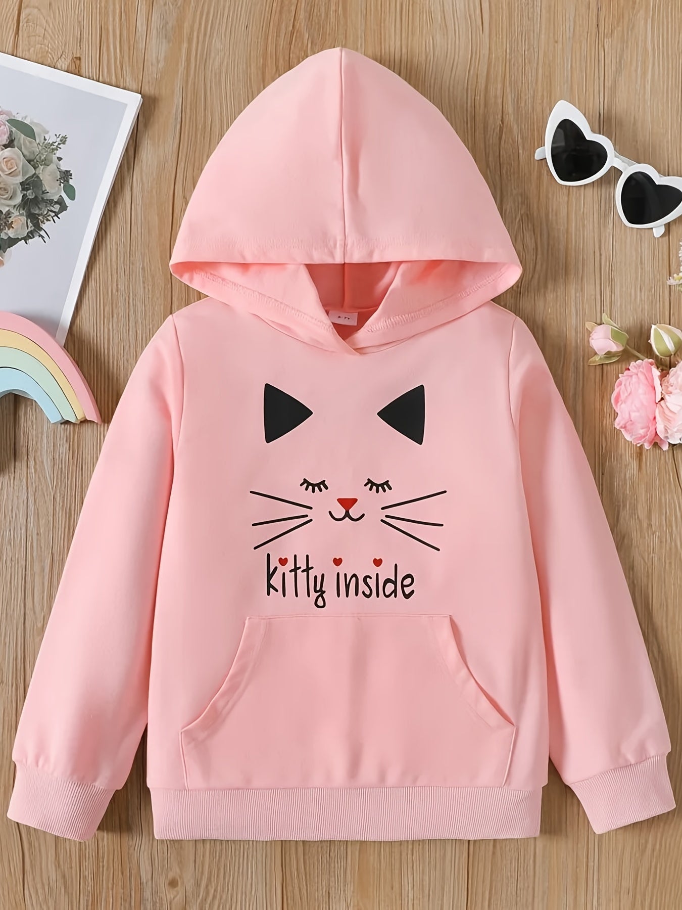 Girls Cat Graphic Hoodie Sports Pocket Sweatshirt Top Spring Clothes