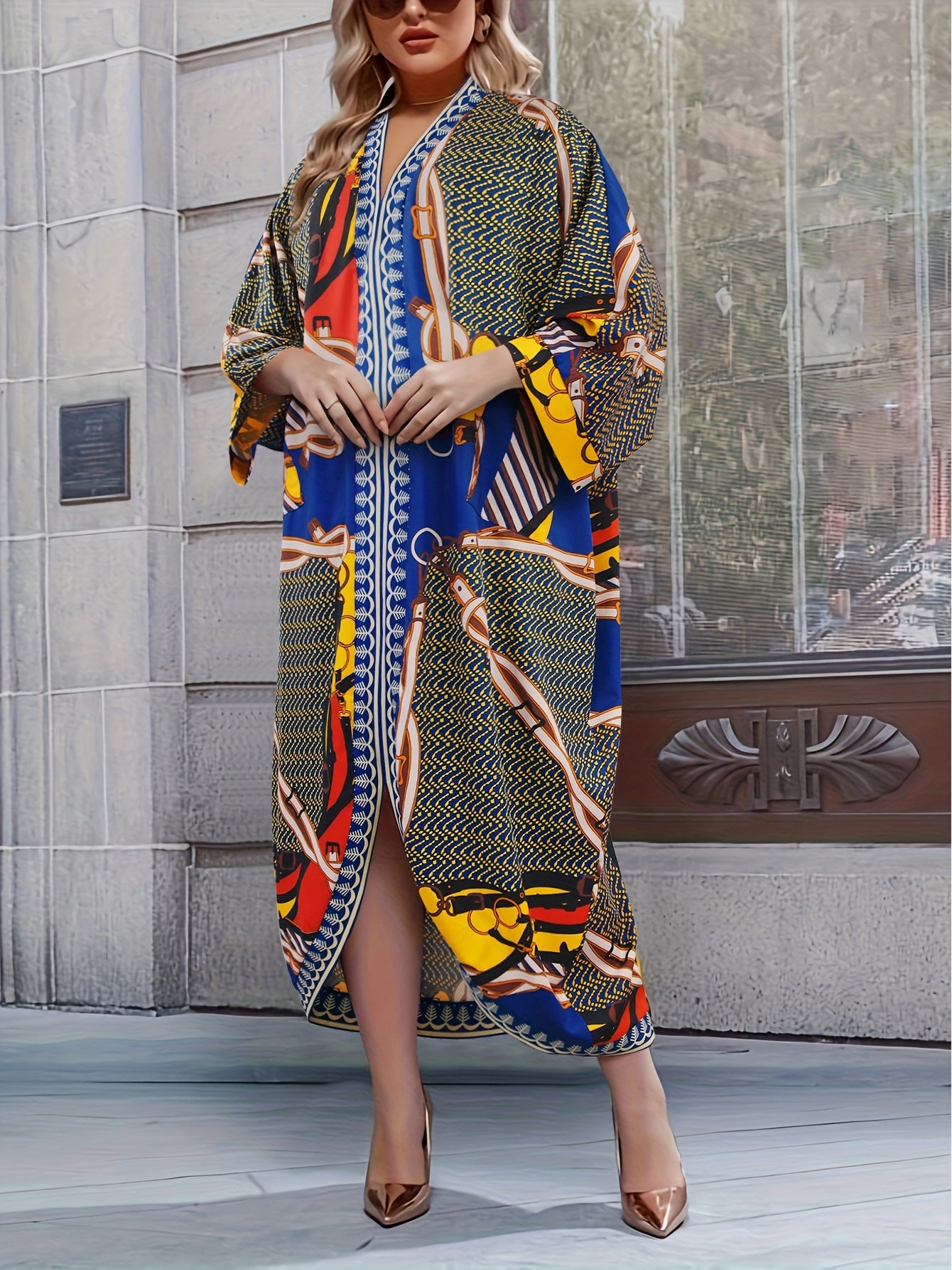 Chevron Chain Print V Neck Maxi Kaftan Cover Up Dress