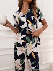 Floral Satin Pajamas Set Long Sleeve Nightwear Pants