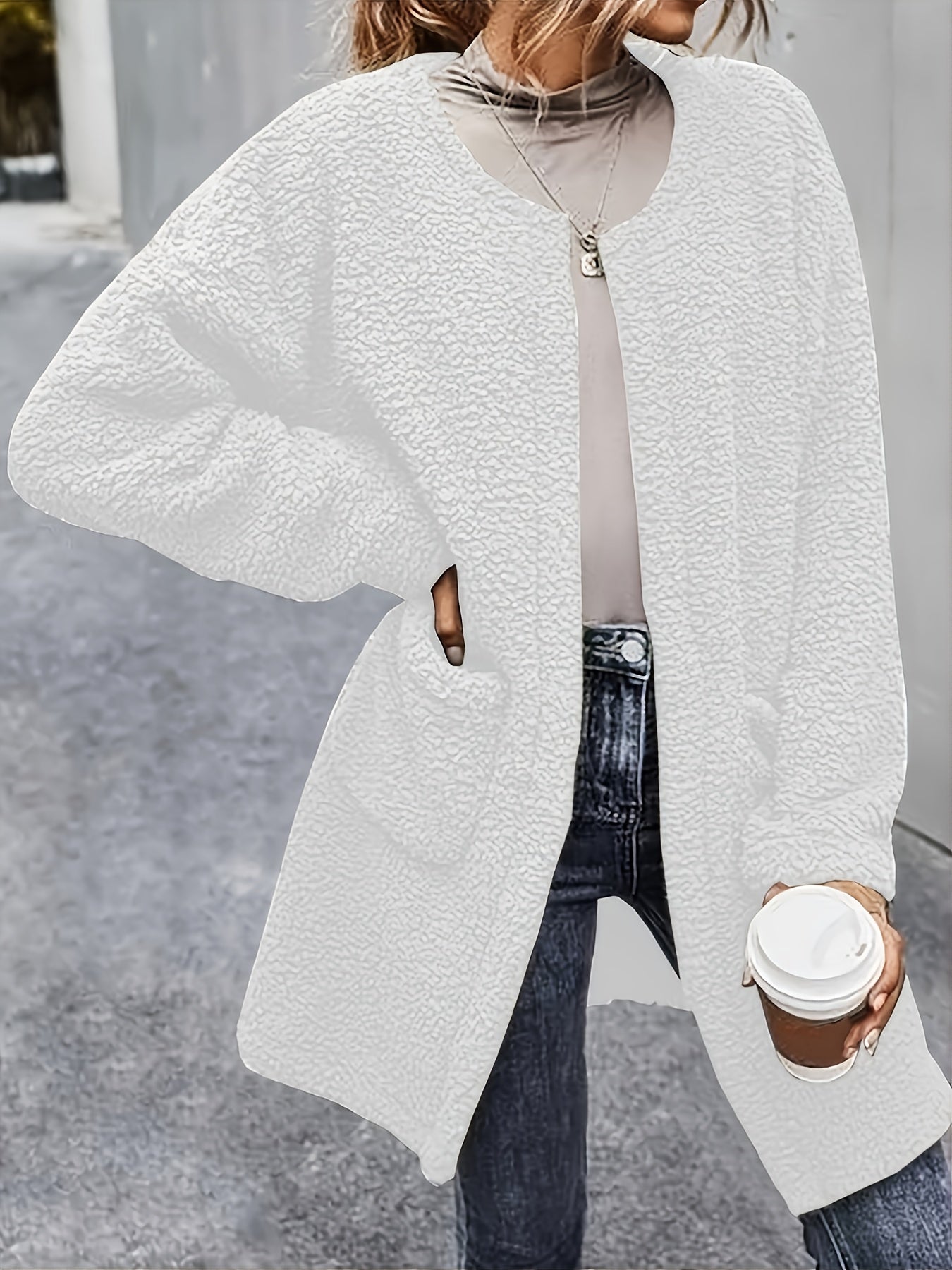 Women's Fluffy Winter Fur Coat with Crew Neck
