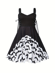 Halloween Goth Dress Women's Plus Bat Print Lace Up V Neck A line Tank