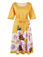 Women's Plus Floral Print Button Decor Short Sleeve Dress