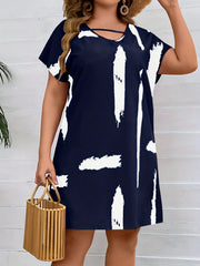 V Neck Cut Out Dress Women's Brush Print Short Sleeve