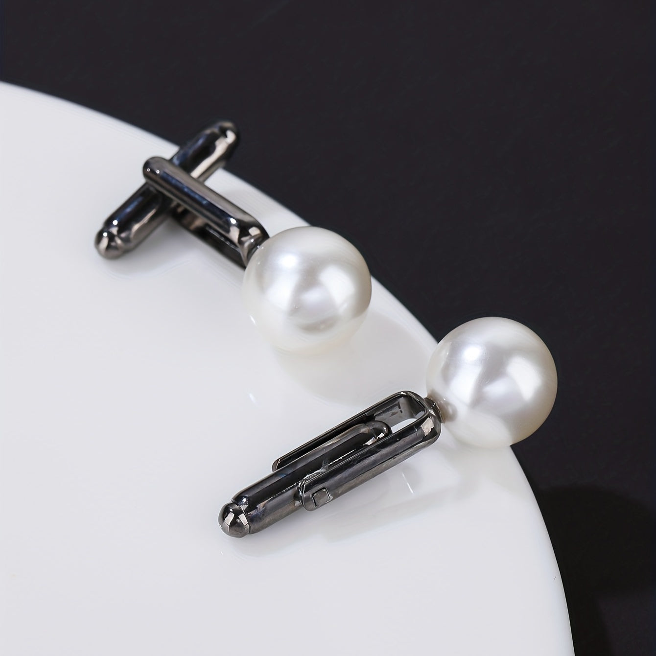 Round Pearl French Cufflinks Gun Base 2 Cufflinks Set