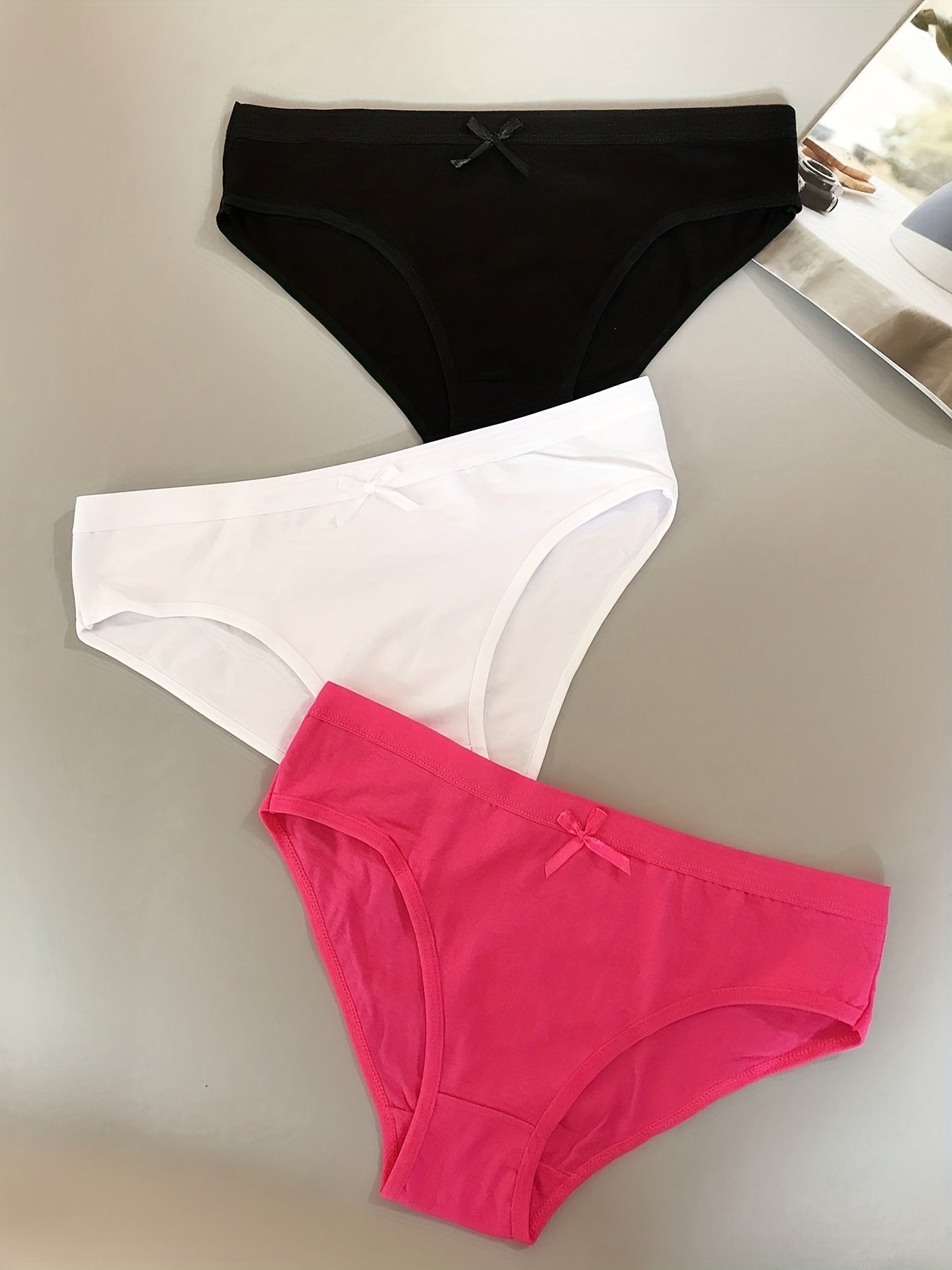 3pcs Solid Bow Tie Briefs Panties Women's Lingerie