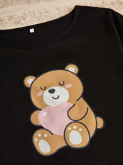 Bear Print Pajamas Set Crew Neck Top & Shorts Women's Sleepwear