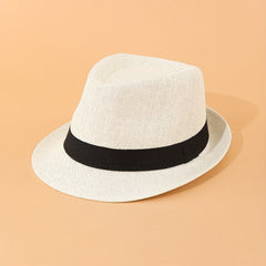 Rolled Brim Jazz Sun Hat Beige Top Hat Hollow Out Straw Hat