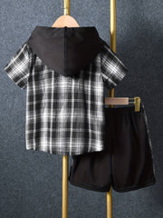 Boys Plaid Hooded Shirt & Shorts Summer Outfit