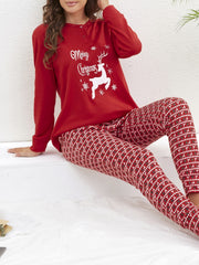 Elk Print Pajama Set Long Sleeve Top & Pants Women's Sleepwear