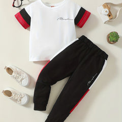 2pcs Little Boy Casual Cotton Block Short Sleeve Tees & Trousers Set