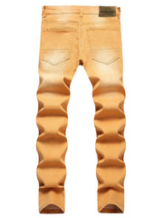 Solid Washed Denim Pants Mens Straight Leg Slim Fit Jeans