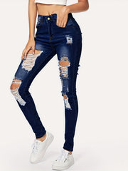 Distressed High Stretch Skinny Jeans Slim Fit Denim Pants