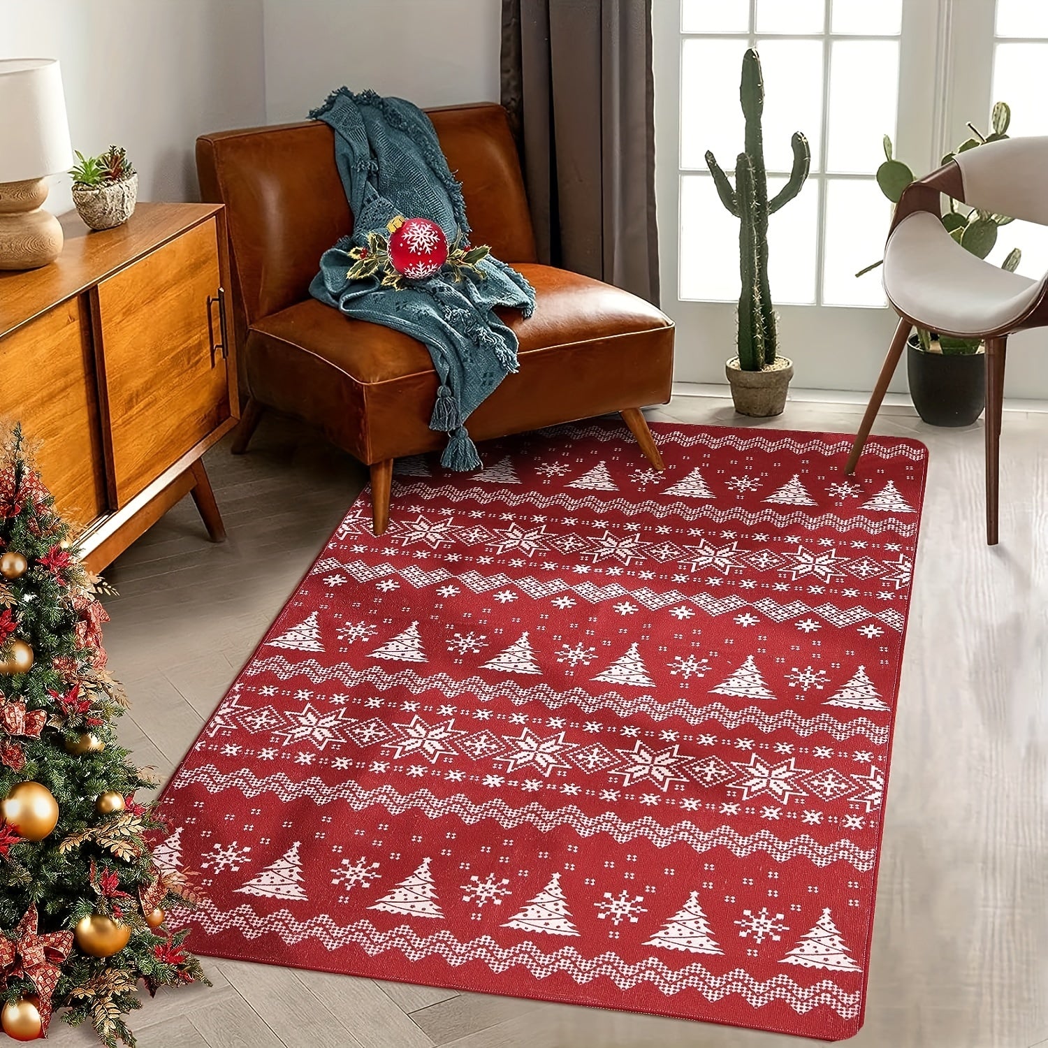 Machine Washable Area Rug Christmas Tree Snowflake Decor