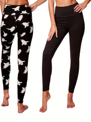 2 Pack Women's Plus Ghost Print & Solid Leggings Set