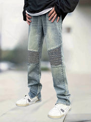 Men's Straight Leg Biker Jeans - Casual Denim Pants
