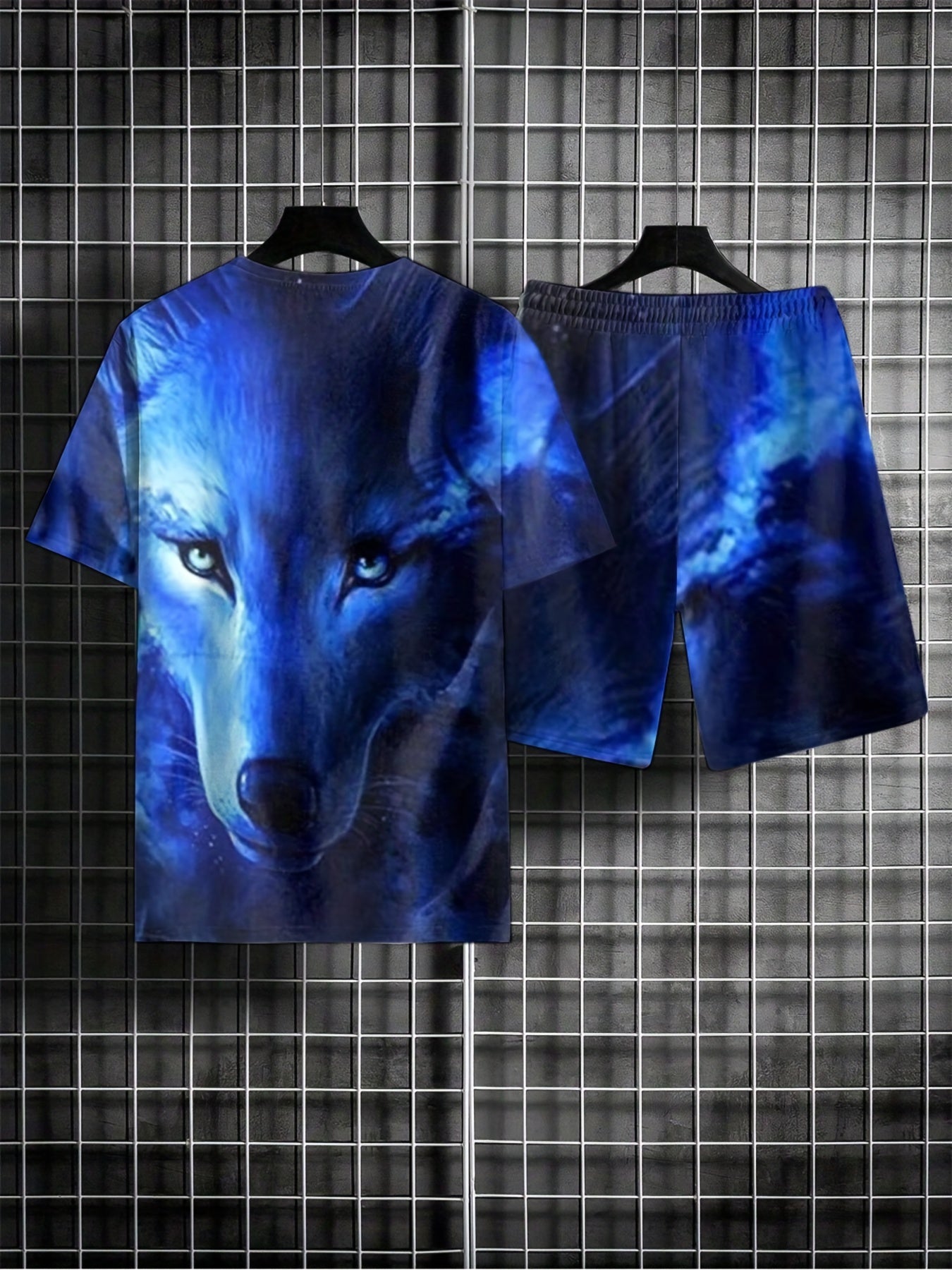 3D Wolf Pattern Print Men's 2Pcs Outfits Short Sleeve T shirt And Draw