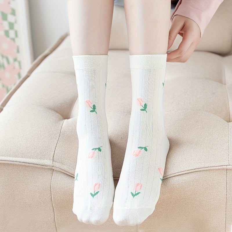 5 Pairs Floral Print Socks Comfy & Breathable Women's Stockings