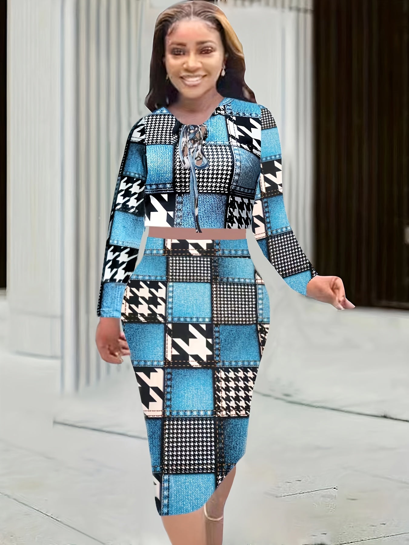 Patchwork Two piece Set Tie Front Long Sleeve Tops & Bag Hip Skirts