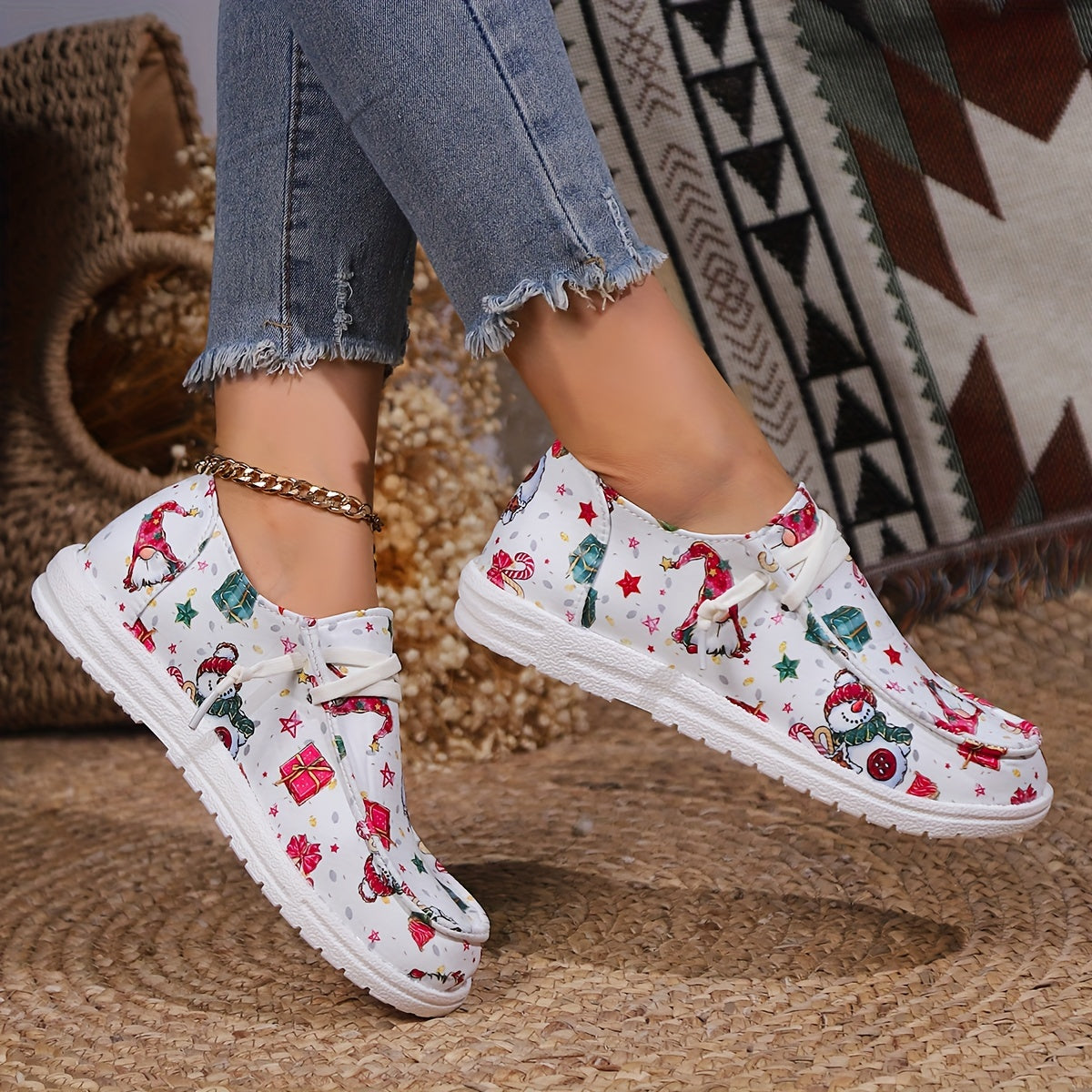 Christmas Snowman Print Slip On Sneakers Lightweight Comfortable Boat Shoes
