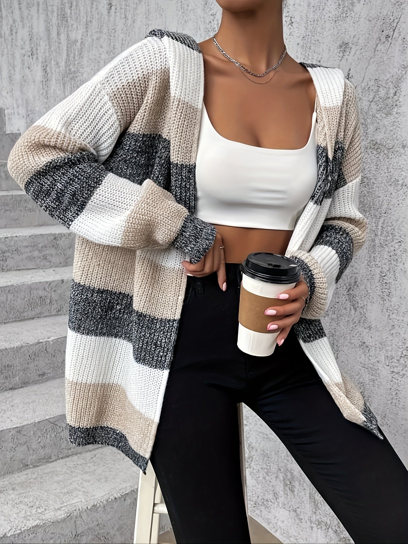 Block Hooded Cardigan Long Sleeve For Women