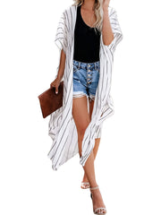Striped Sheer Blouse Kimono V Neck Cover Up Short Sleeve Beachwear