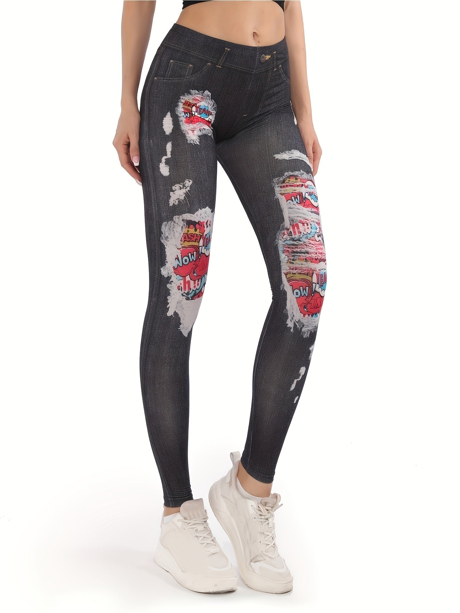 Denim Printed High Waist Leggings Slim Fit Casual Leggings