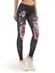 Denim Printed High Waist Leggings Slim Fit Casual Leggings