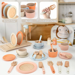 27pcs Wooden Tea Set Toy Kitchen Accessories