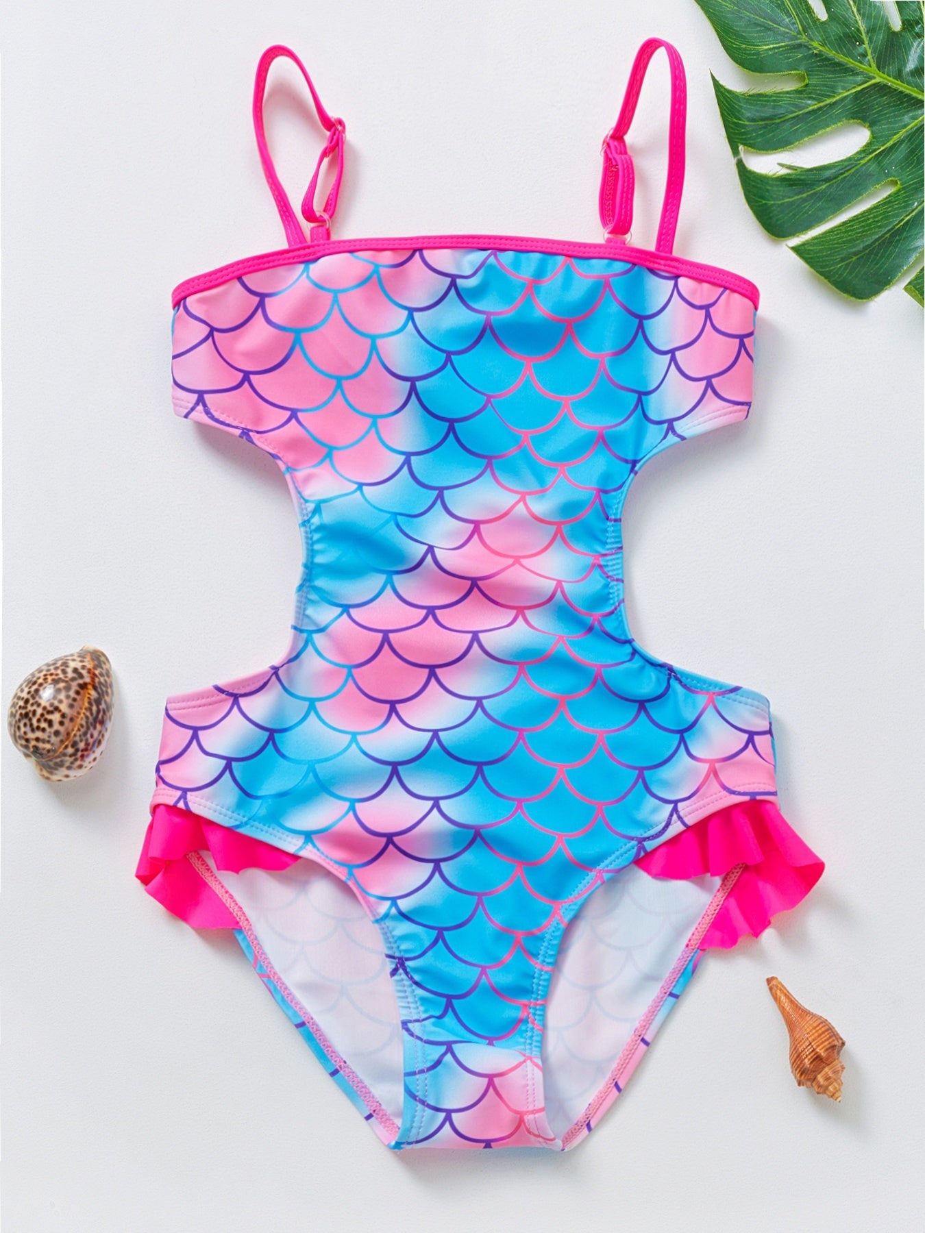 Toddler Girls Fish Scale Ruffle Trim Cami Swimsuit