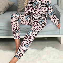 Butterfly Print Pajama Set Long Sleeve Top & Pants Women's Sleepwear