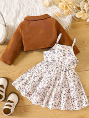 Infant Baby Girl Floral Print Suspender Dress & Jacket Set