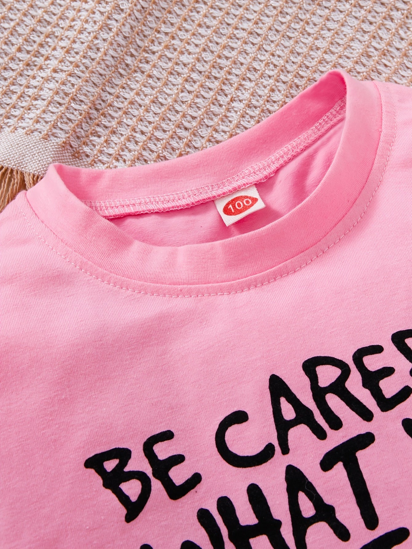 2pcs Girls Long Sleeve T Shirt BE CAREFUL WHAT Print Round Neck Tops