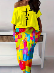 Women's Plus Size Letter Print One Shoulder Top & Midi Skirt Two Piece Set