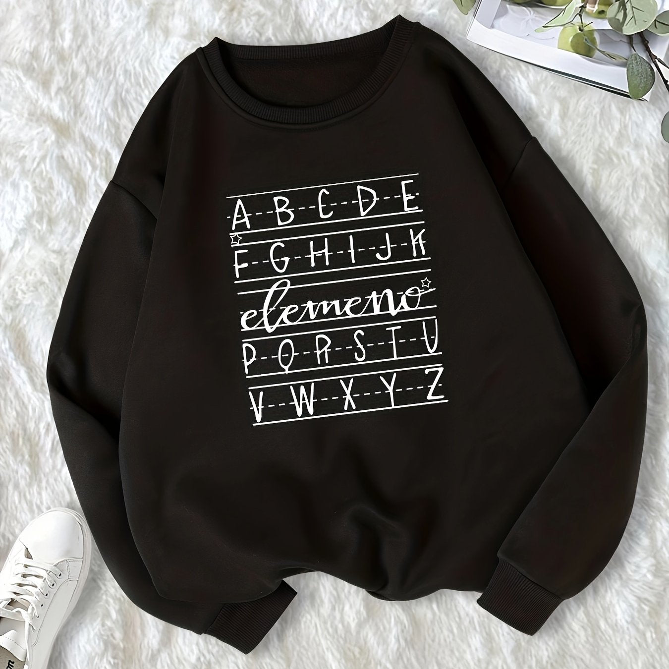 Round Neck Pullover Sweatshirt Fleece Lined Loose Hoodie Women