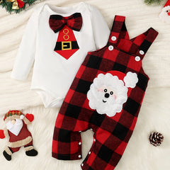 Christmas Santa Claus Plaid Suspender Jumpsuit Baby Boys Set