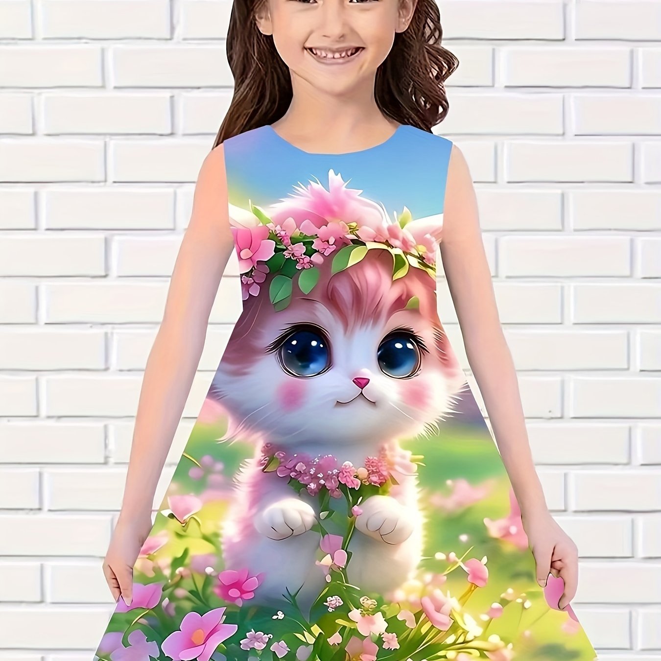 Girls Flower Cat Sleeveless Dress for Summer