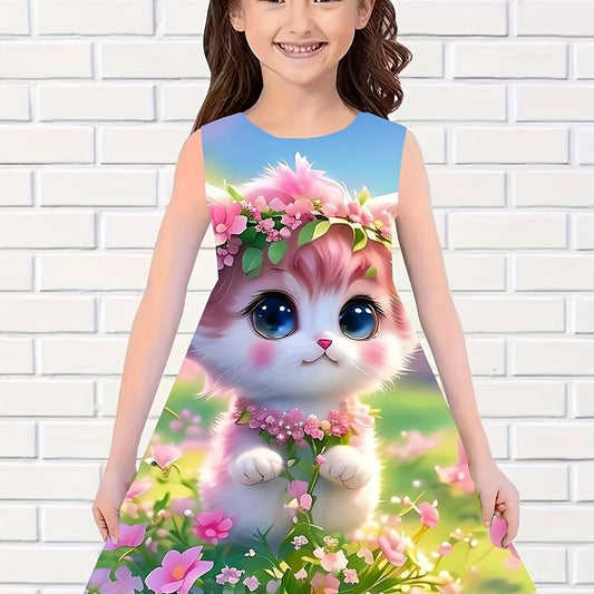 Girls Flower Cat Sleeveless Dress for Summer