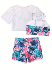 3pcs Girls Swimsuit Set Short Sleeve Top Cami Top Shorts Set