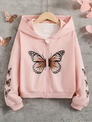Girls' Butterfly Print Zipper Hoodie for Outdoors