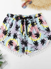 Vacay Shorts Women's Plus Pompom Trim Tree Print Drawstring Shorts