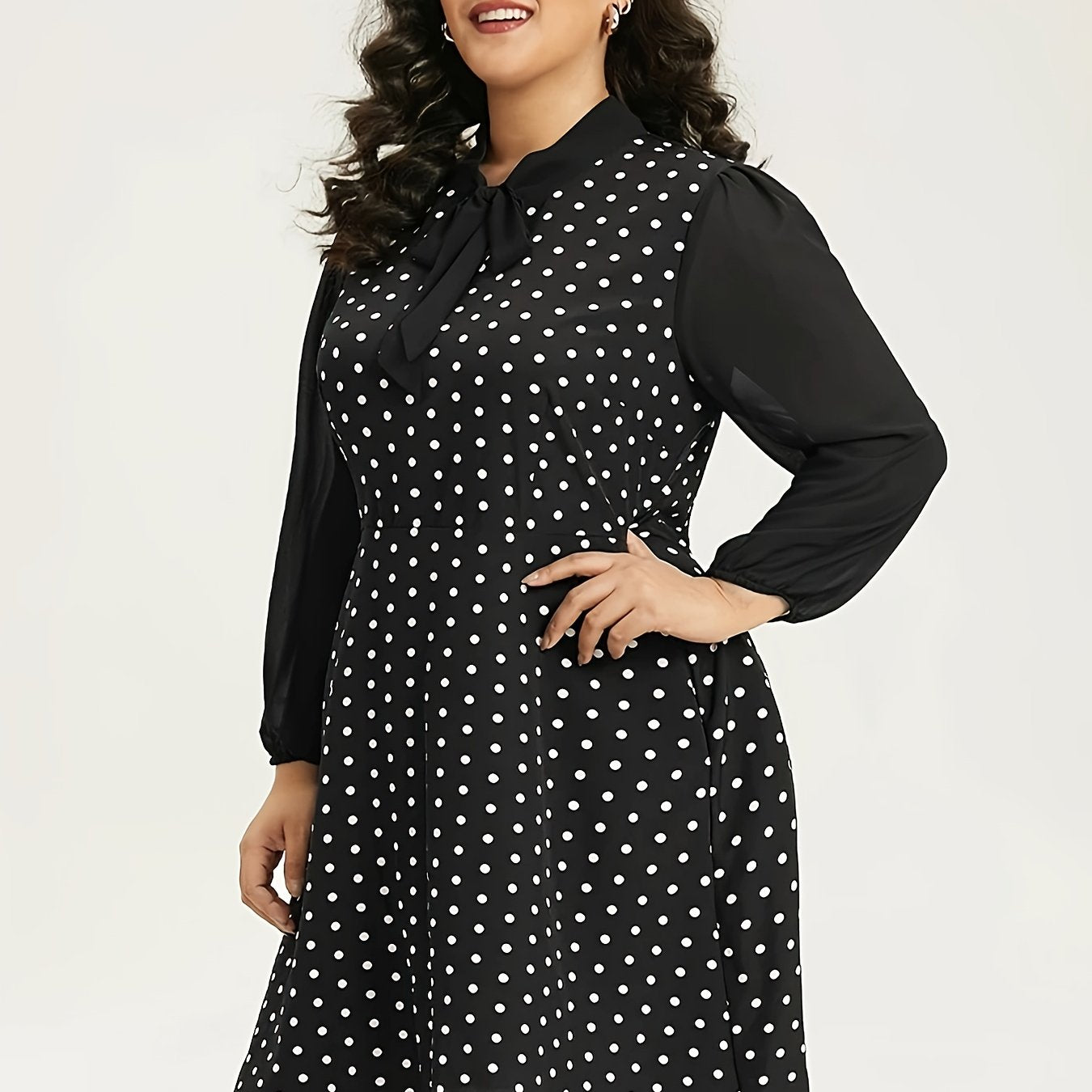 Polka Dot Long Sleeve Dress with Bow Knot