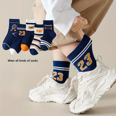 5 Pairs Boy's Letter Pattern Crew Socks Breathable Casual Style Unisex Socks