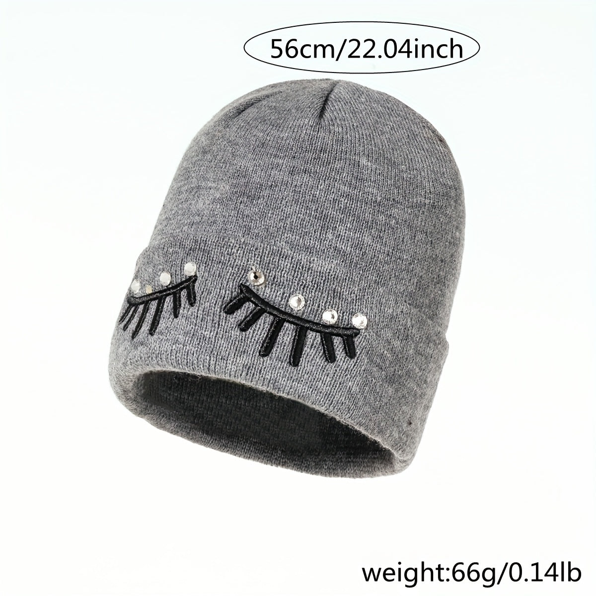 Gray Eyelash Embroidery Knit Beanie Hat