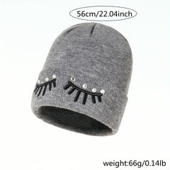 Gray Eyelash Embroidery Knit Beanie Hat