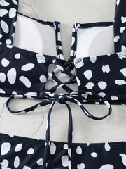 Retro Tankini Set Women's Plus Allover Print V Wired Lace Up Back Bra