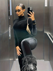 Solid Mock Neck Sports Jumpsuit Long Sleeve Bodycon Yoga Activewear